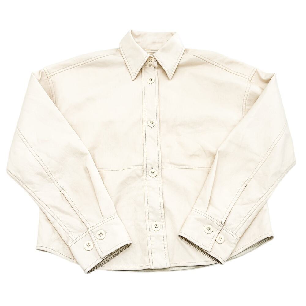 Babaton Faux Leather Long Sleeve Button Down Shirt Cream Size 2XS